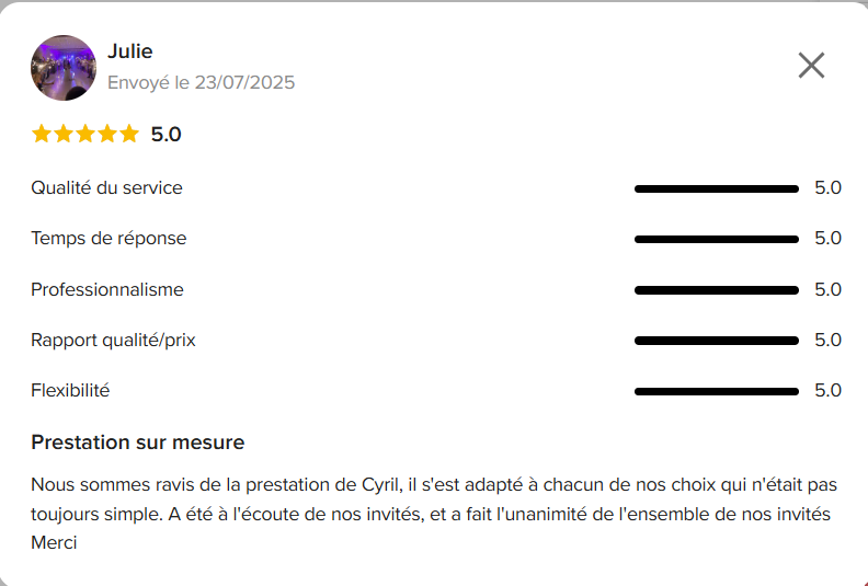 Avis client DJ mariage en Vendée - Prestation CSL Evenement