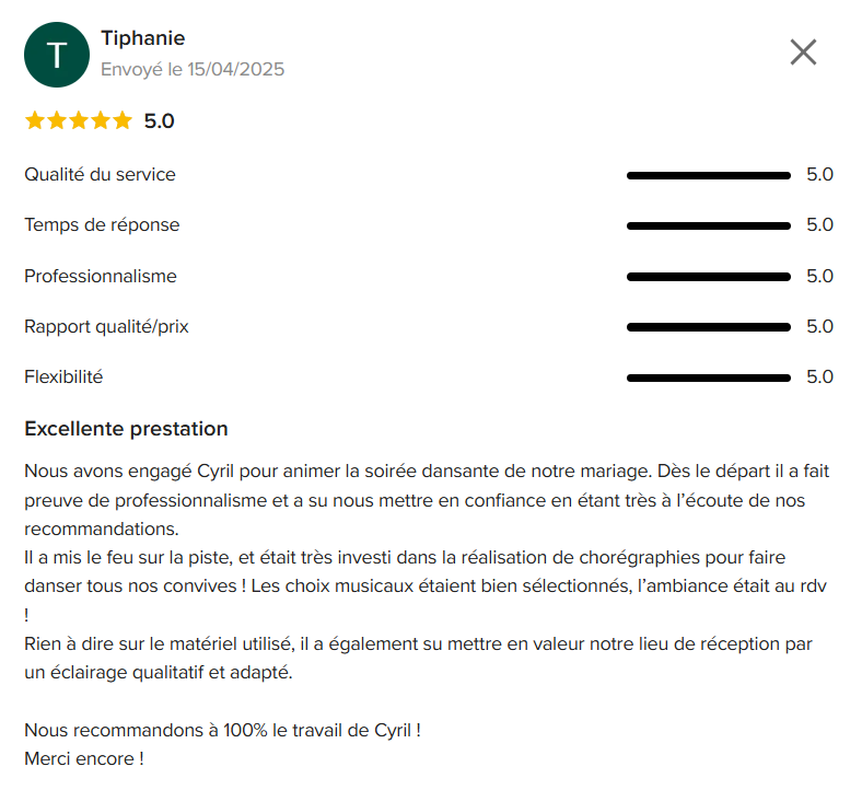 Avis client DJ mariage en Vendée – CSL Evenement