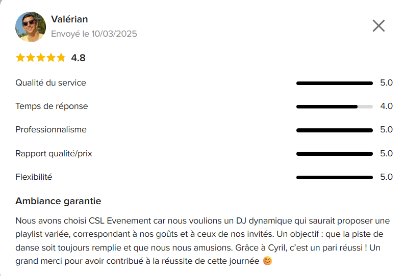 Avis client DJ mariage en Vendée – CSL Evenement